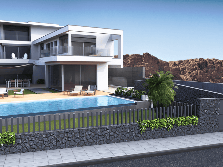 Outdoor pool with terrace and modern facade