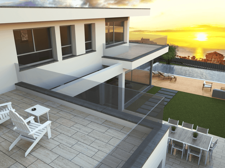 Modern terrace with pool, seating area and sun deck