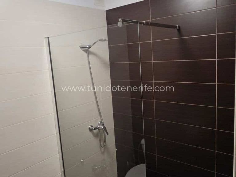 Ducha con mampara de vidrio y azulejos marrones