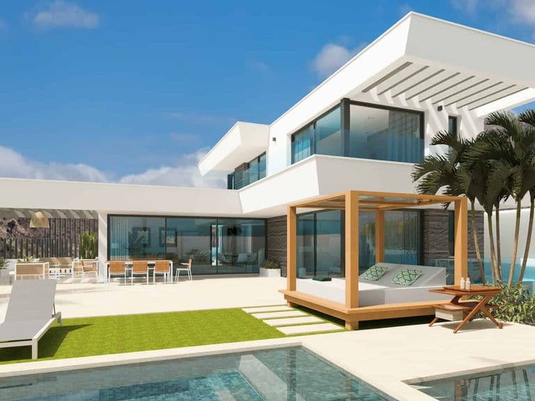 Terrace with pool, sun deck and Balinese bed