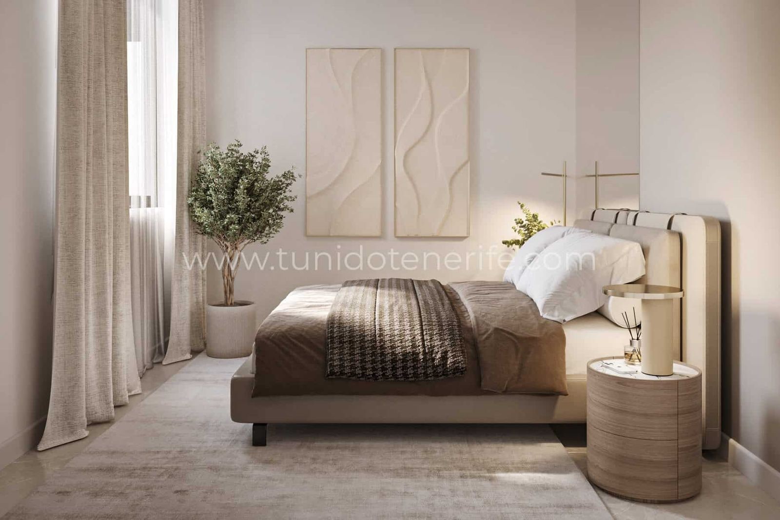Dormitor luminos cu pat făcut și noptiere decorative