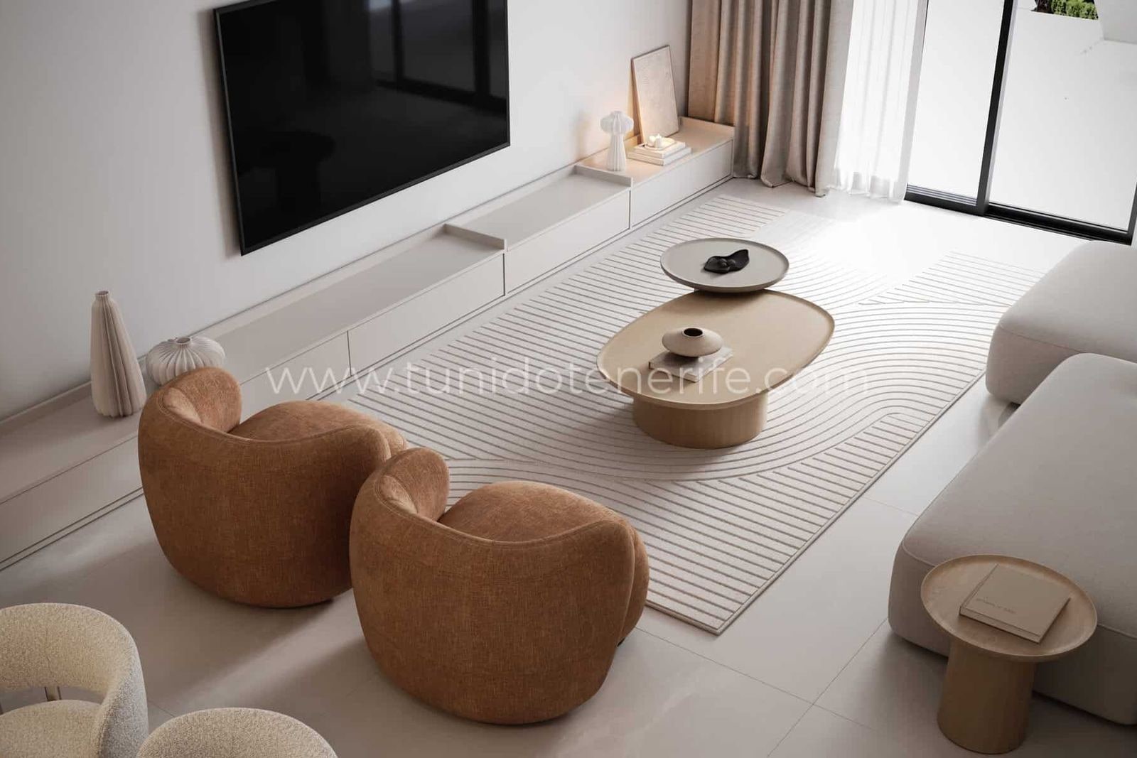 Living modern cu fotolii rotunde, covor deschis și televizor