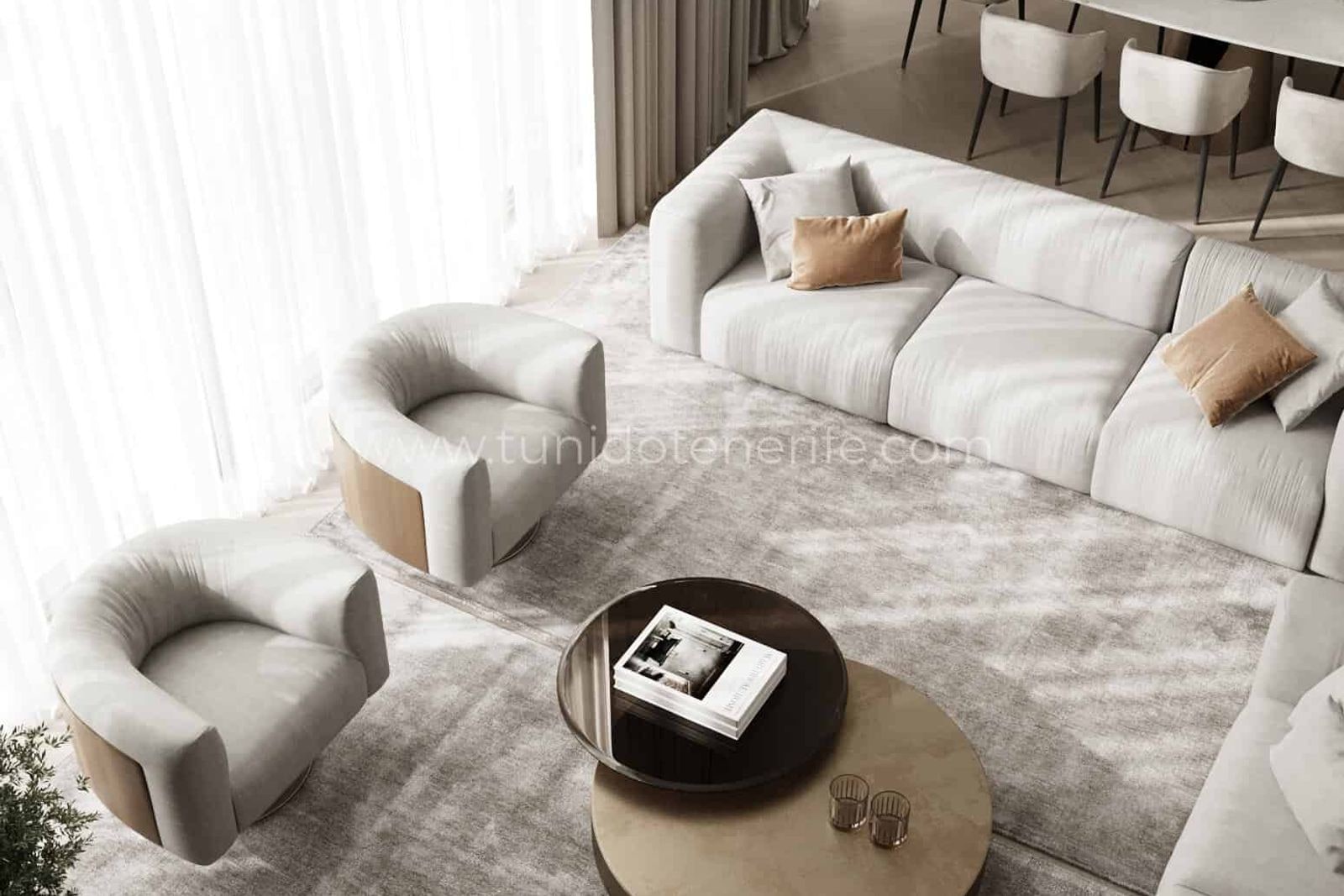 Living luminos, cu canapea albă și măsuță rotundă