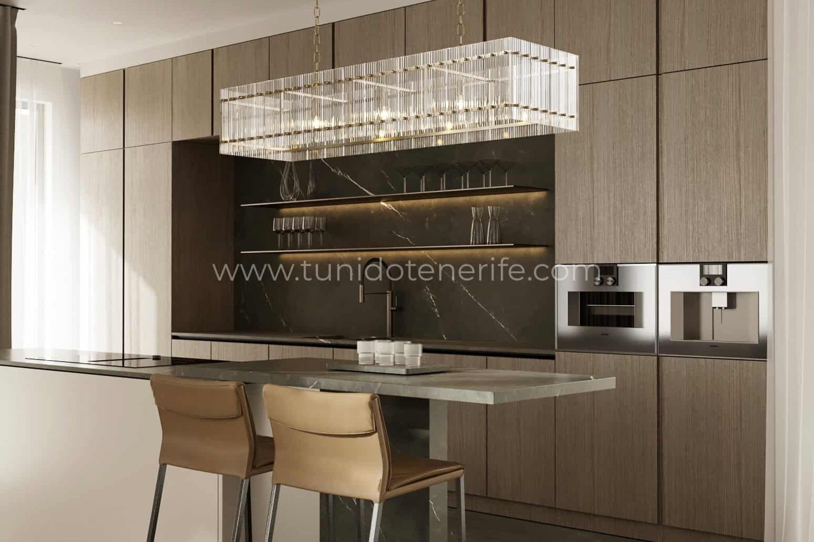 Bucătărie modernă cu insulă și scaune de design