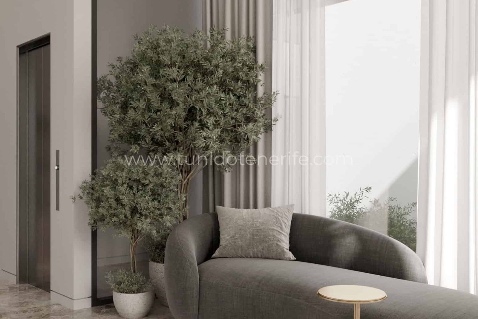 Living modern cu canapea curbată, plantă și ferestre mari