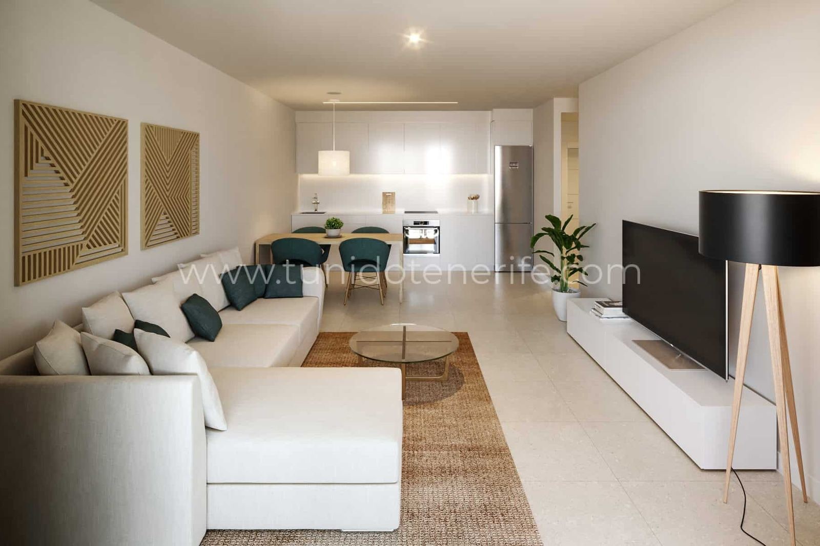 Living și dining modern, luminos, cu bucătărie deschisă