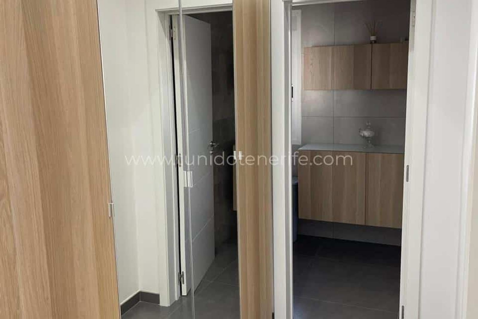 Hol cu două uși deschise și mobilier din lemn deschis