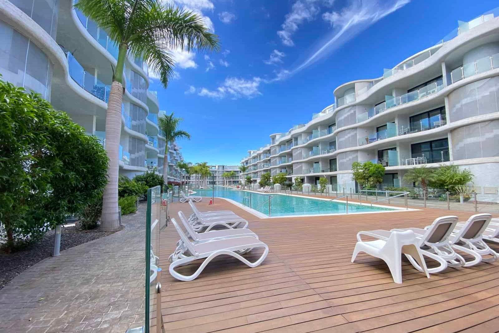 Outdoor pool with sun loungers and palm trees
