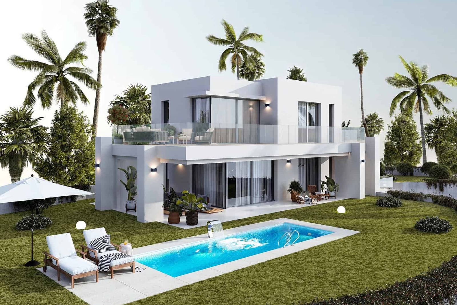 Exterior cu piscină și grădină tropicală