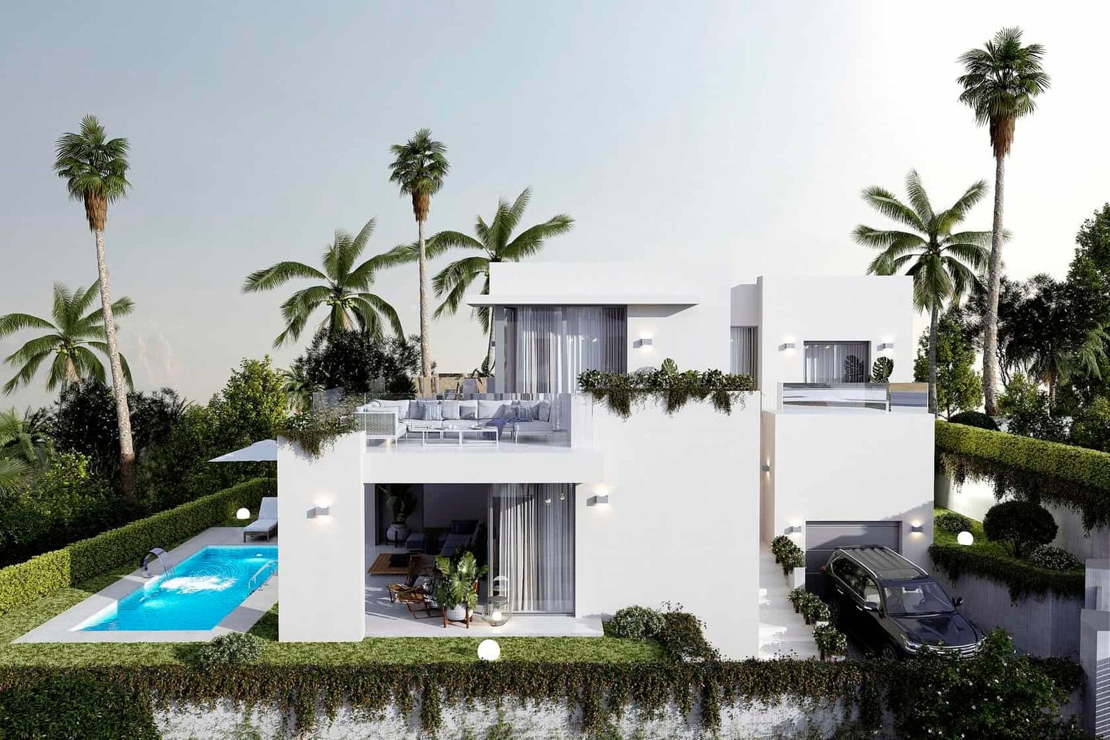 Exterior modern cu piscină, terasă și palmieri