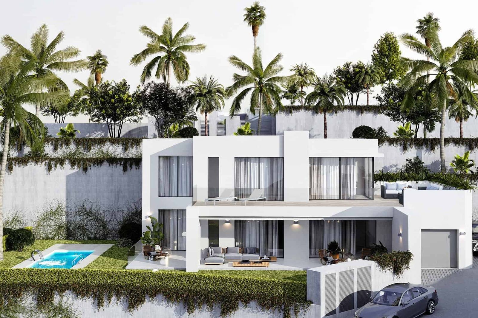 Fațadă modernă cu grădină, piscină și palmieri