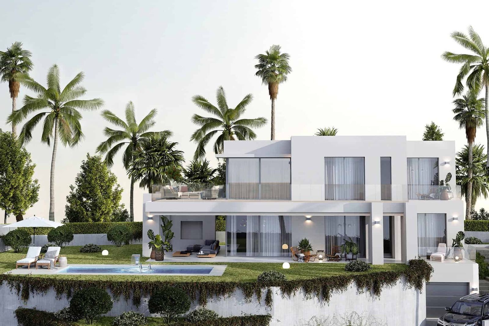 Exterior modern cu piscină și palmieri