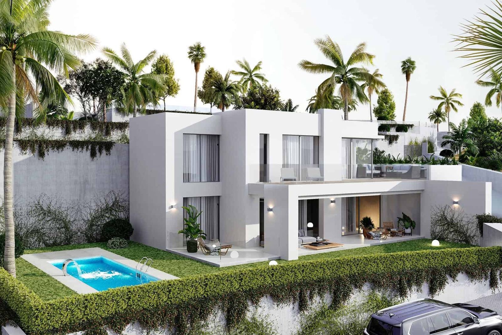 Exterior de casă modernă cu piscină și grădină