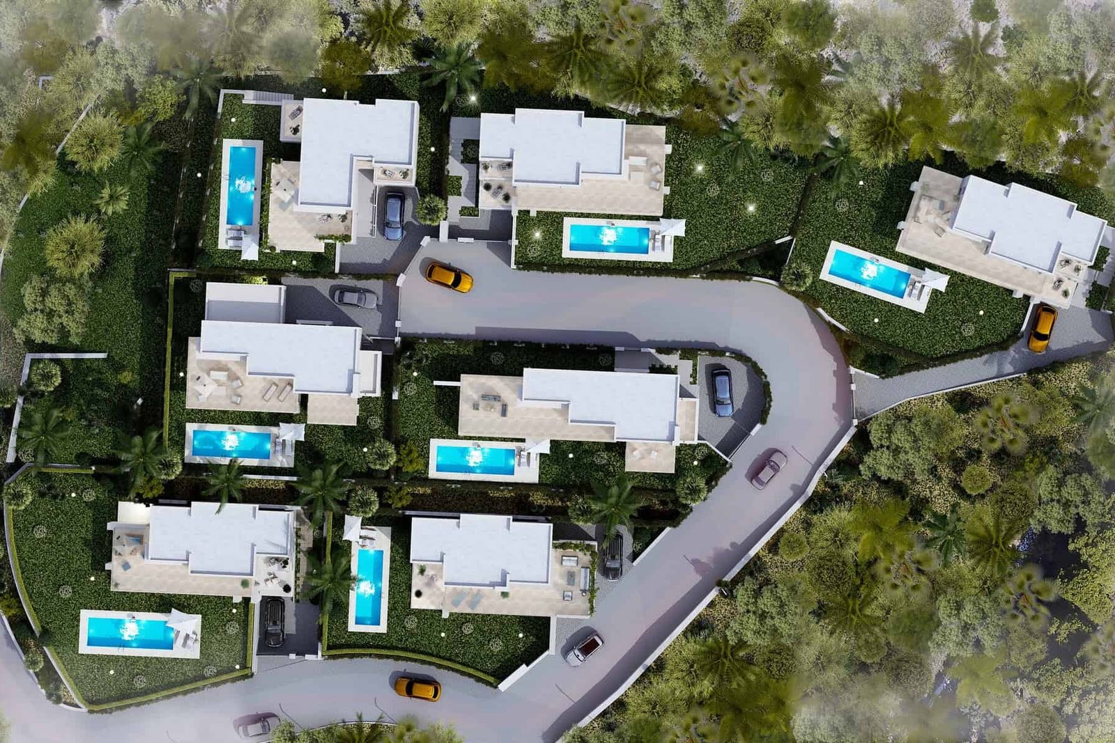 Vedere aeriană a mai multor case cu piscine și grădini