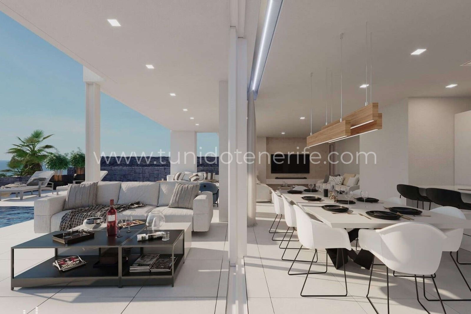 Modern living room and dining area with terrace access