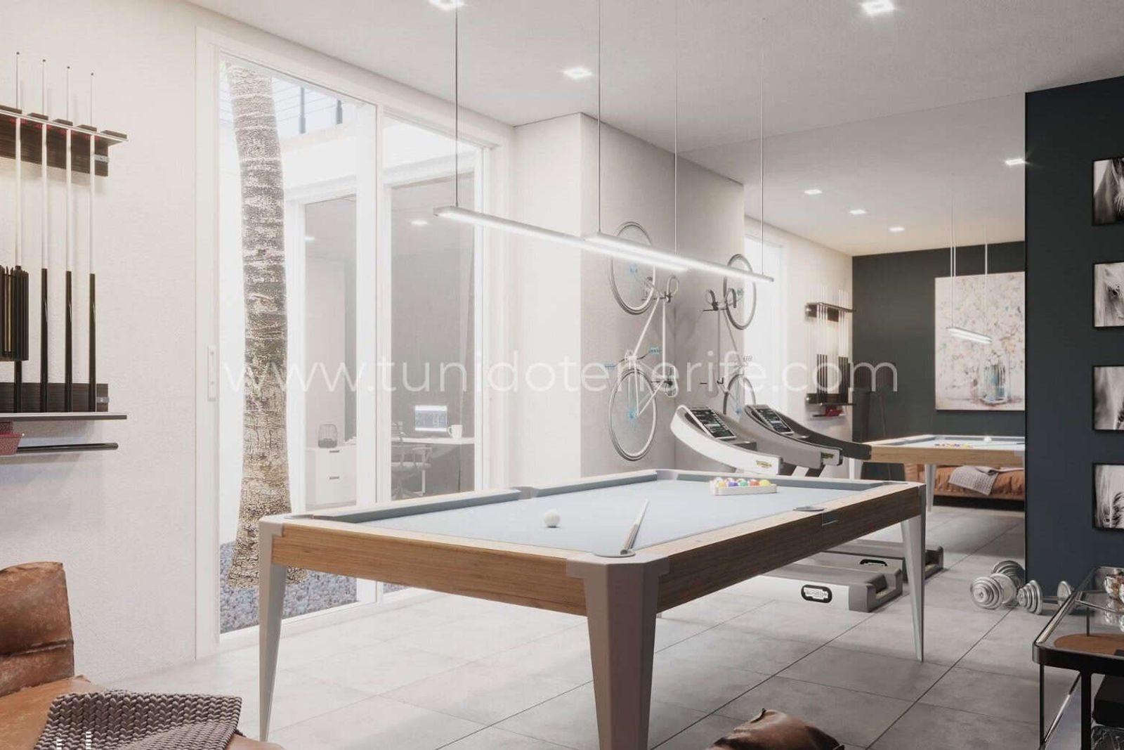 Game room with pool table and modern decor