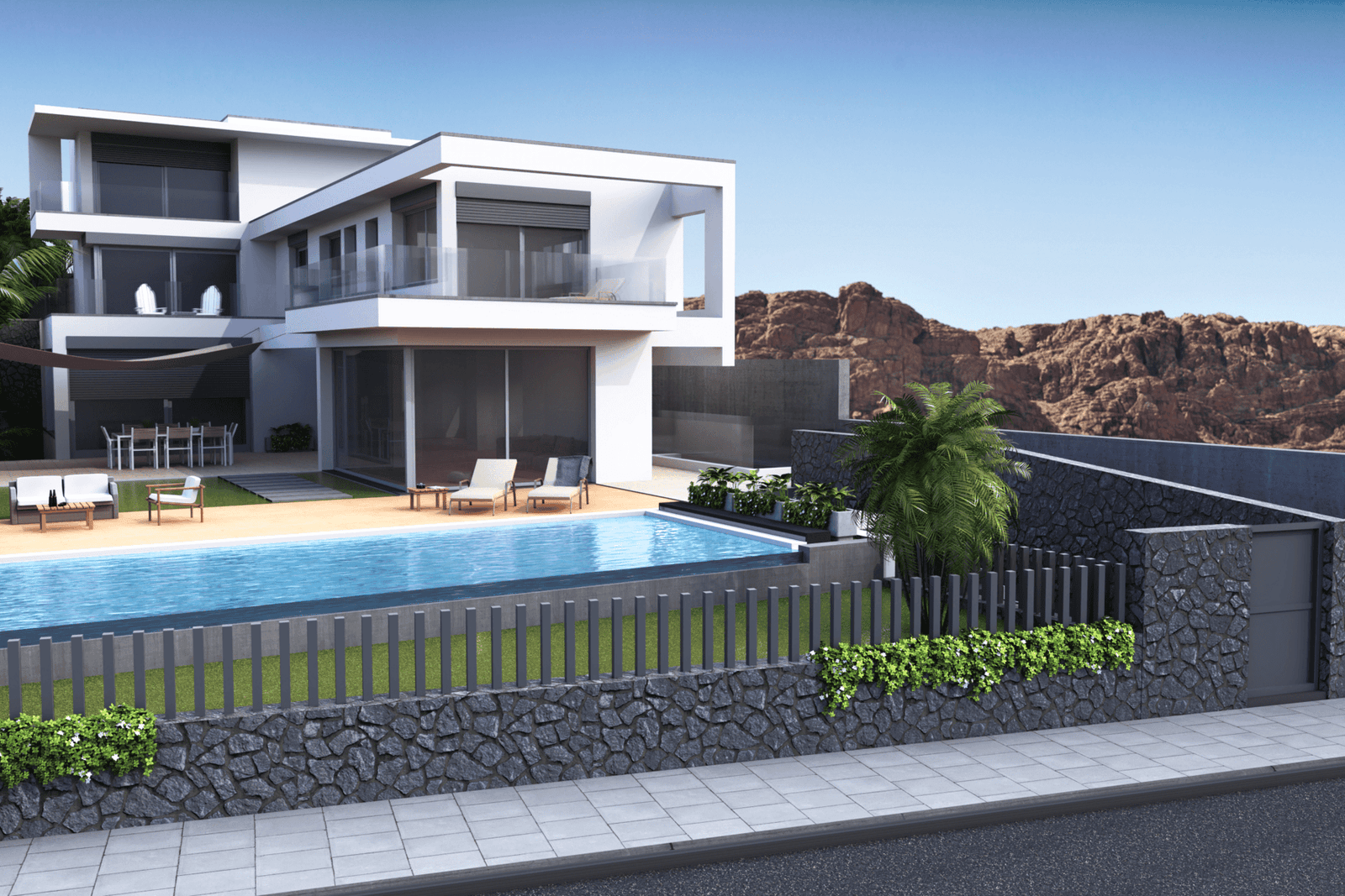 Outdoor pool with terrace and modern facade