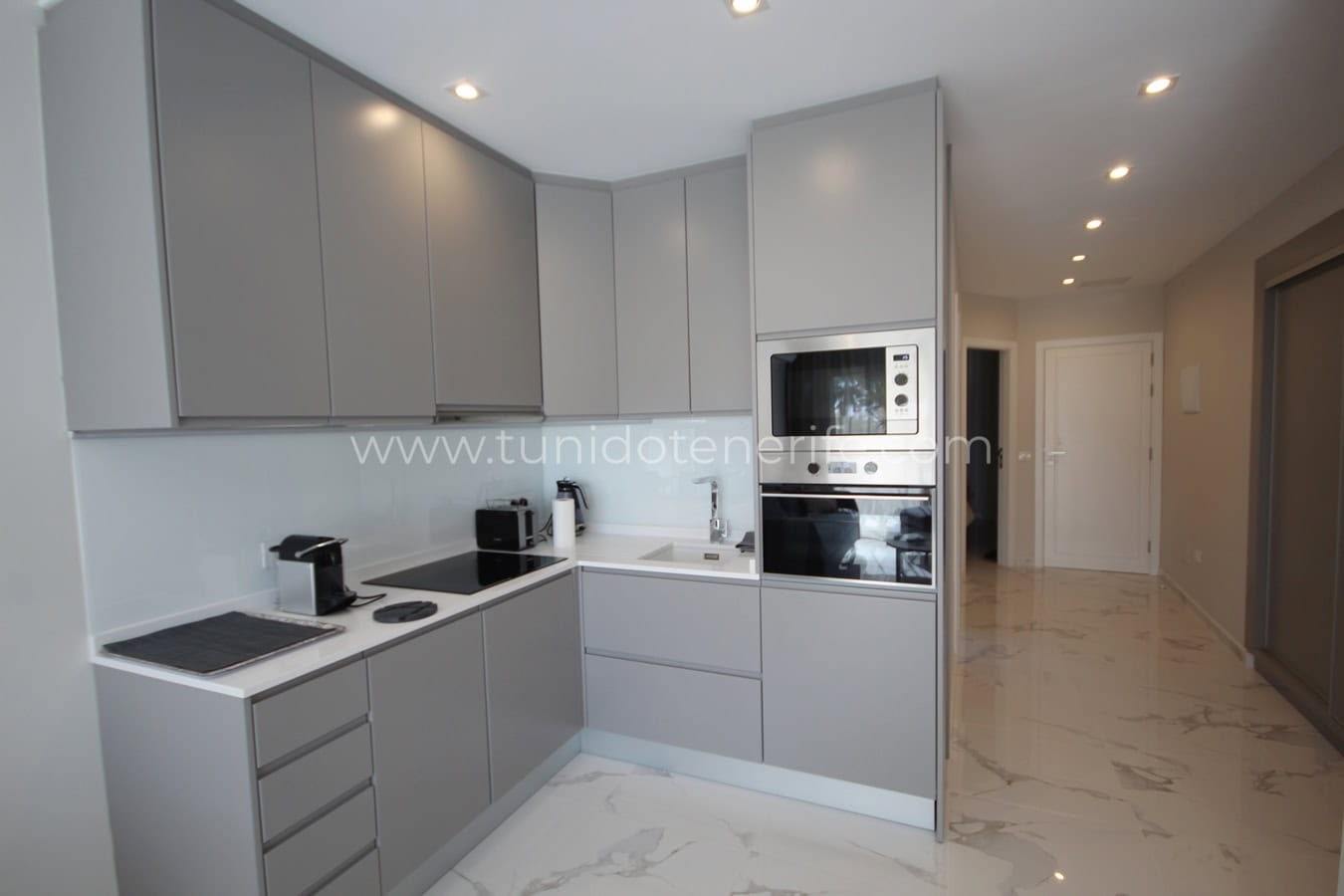 Modern kitchen with gray cabinets and built-in appliances
