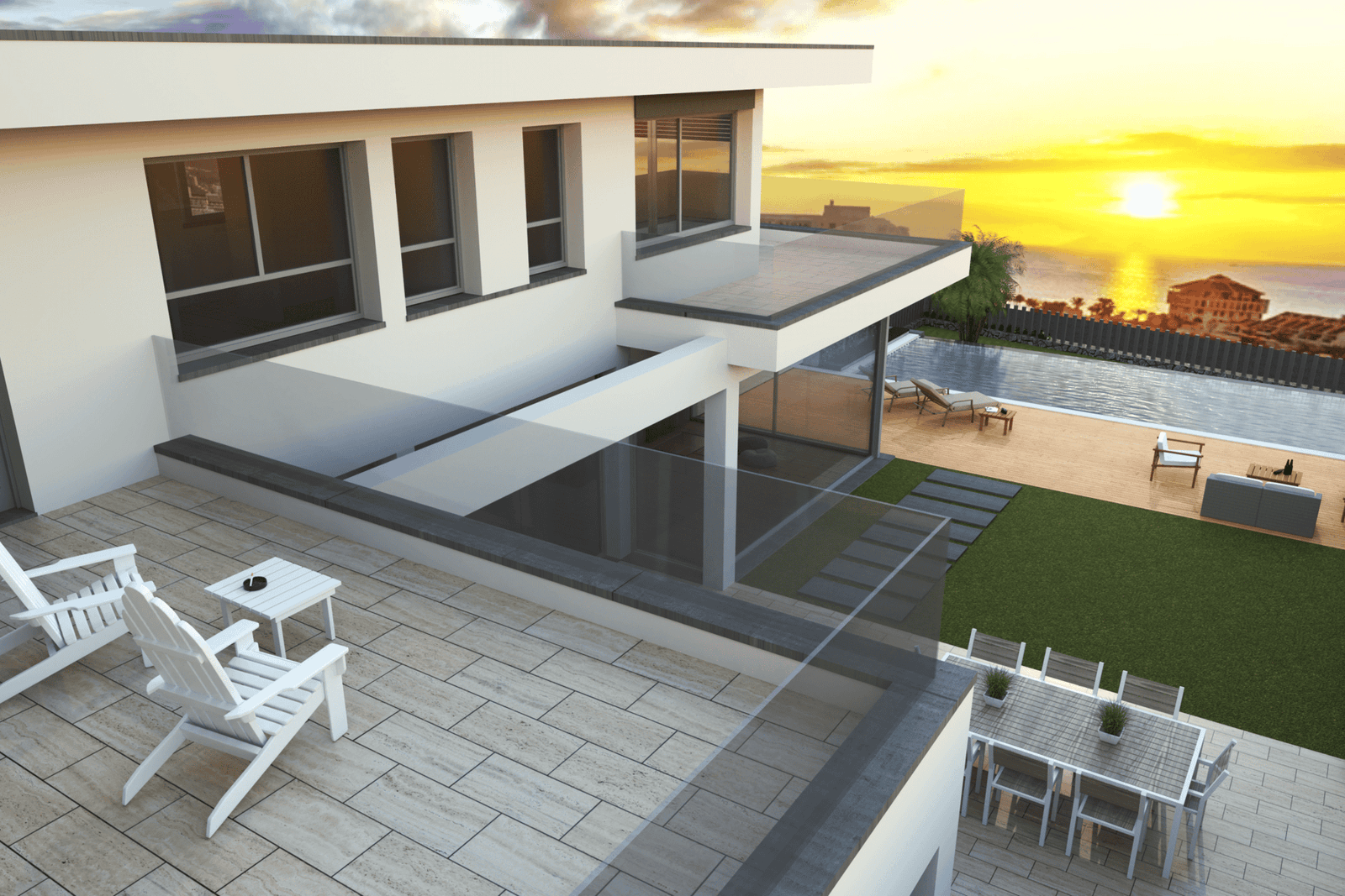 Modern terrace with pool, seating area and sun deck