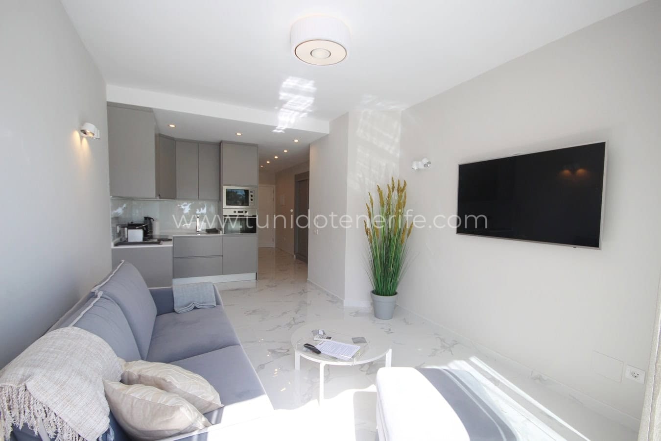 Bright modern living room with gray sofa, TV and open kitchen in background