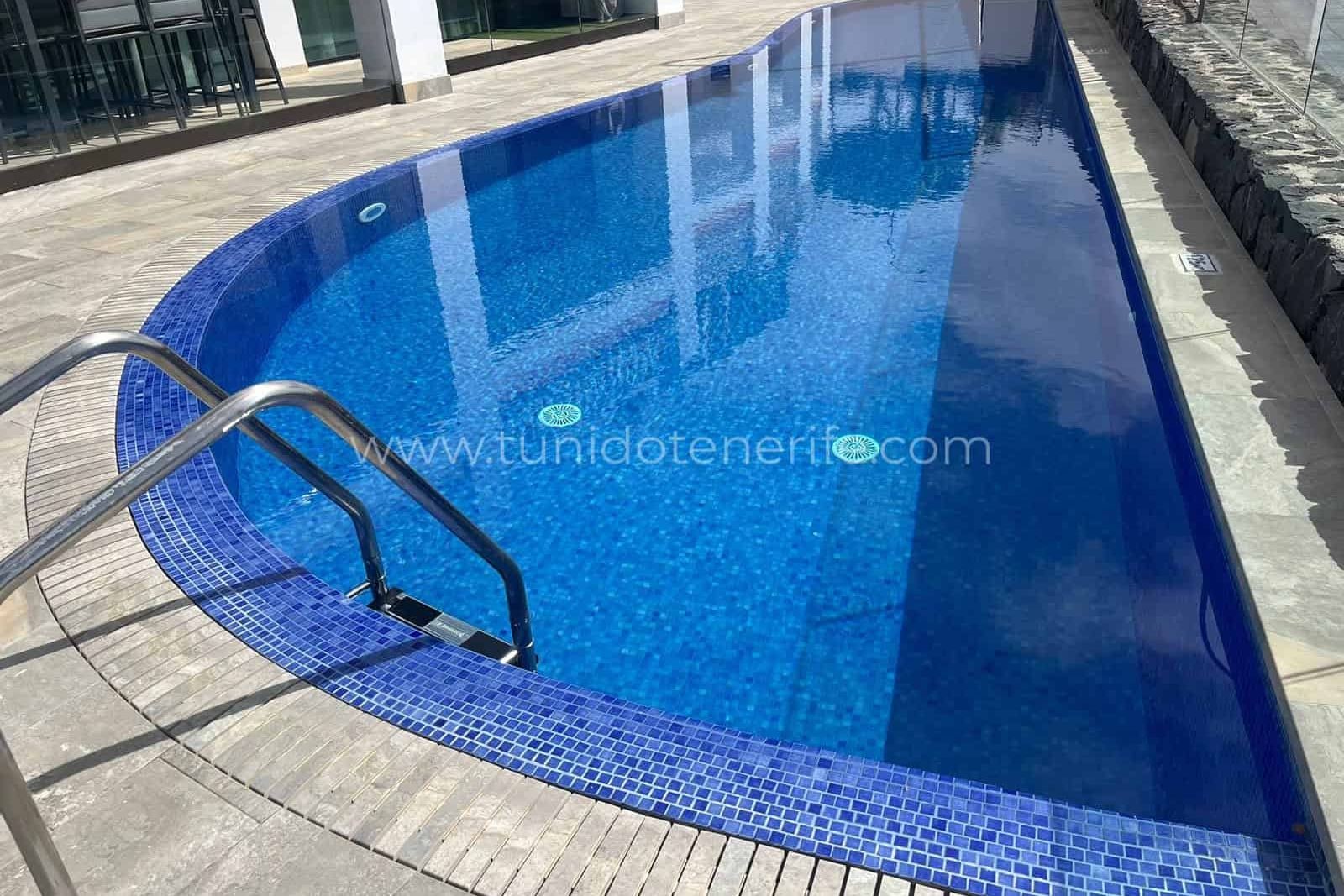 Piscina alargada con escalera de acceso y borde de azulejos