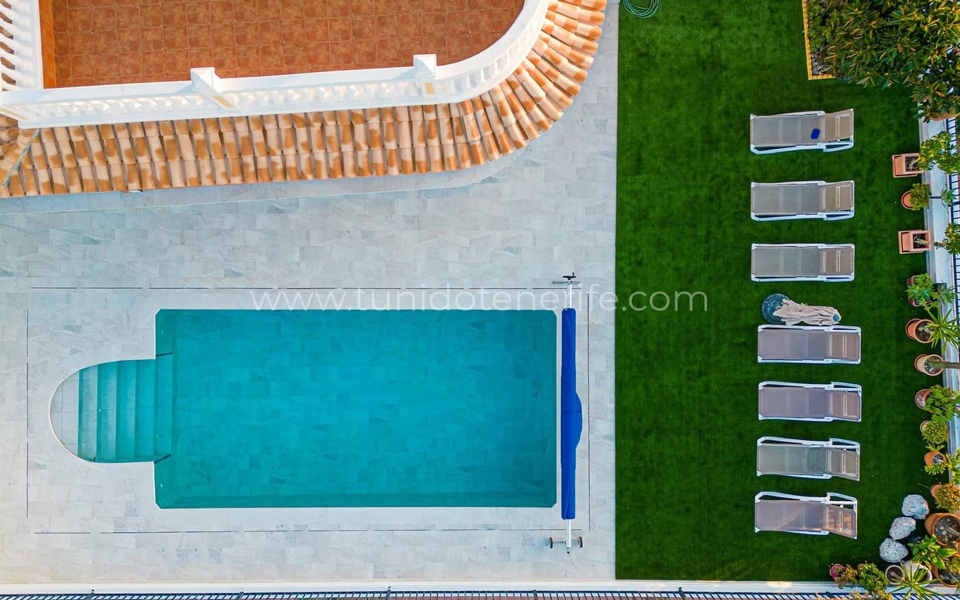Piscine rectangulaire près de la pelouse avec transats