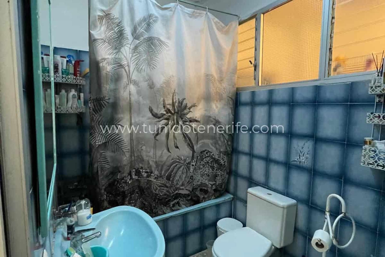 Bathroom with blue sink, toilet and shower curtain