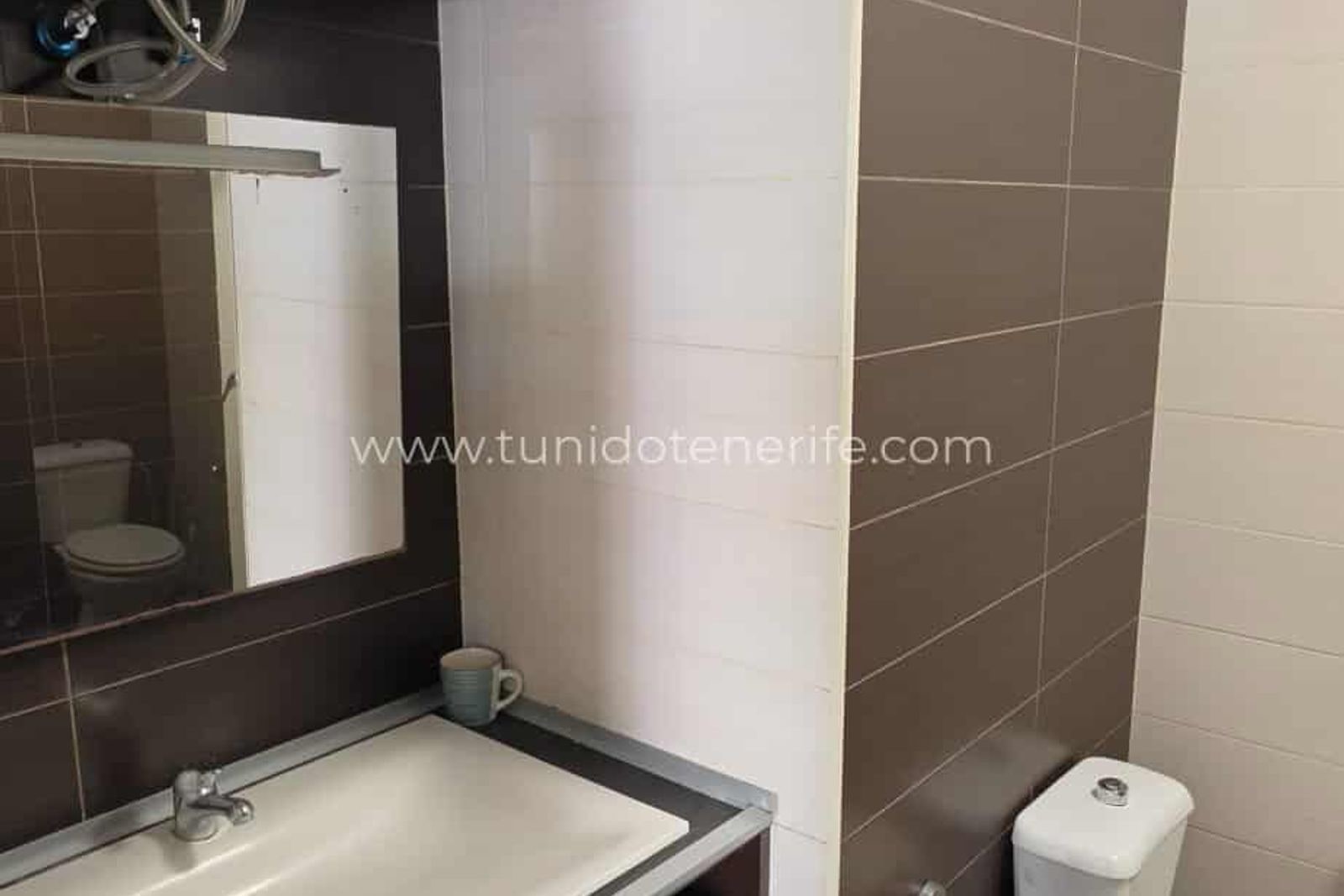 Baño con lavabo, espejo y ducha al fondo