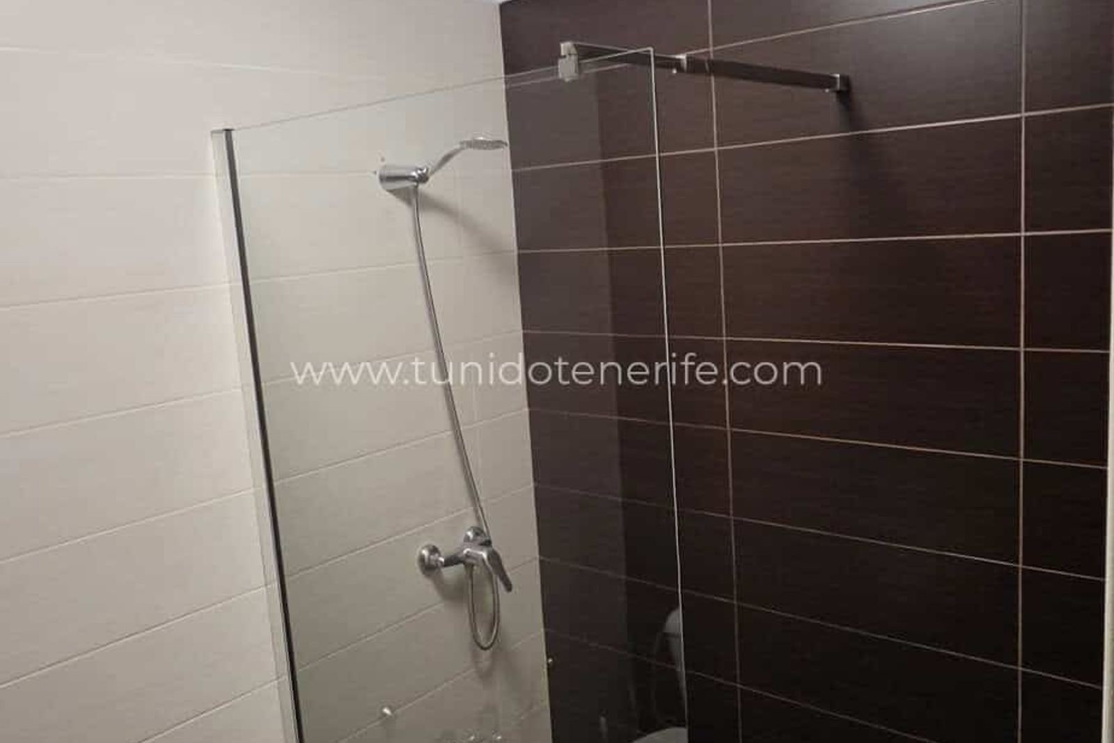 Ducha con mampara de vidrio y azulejos marrones