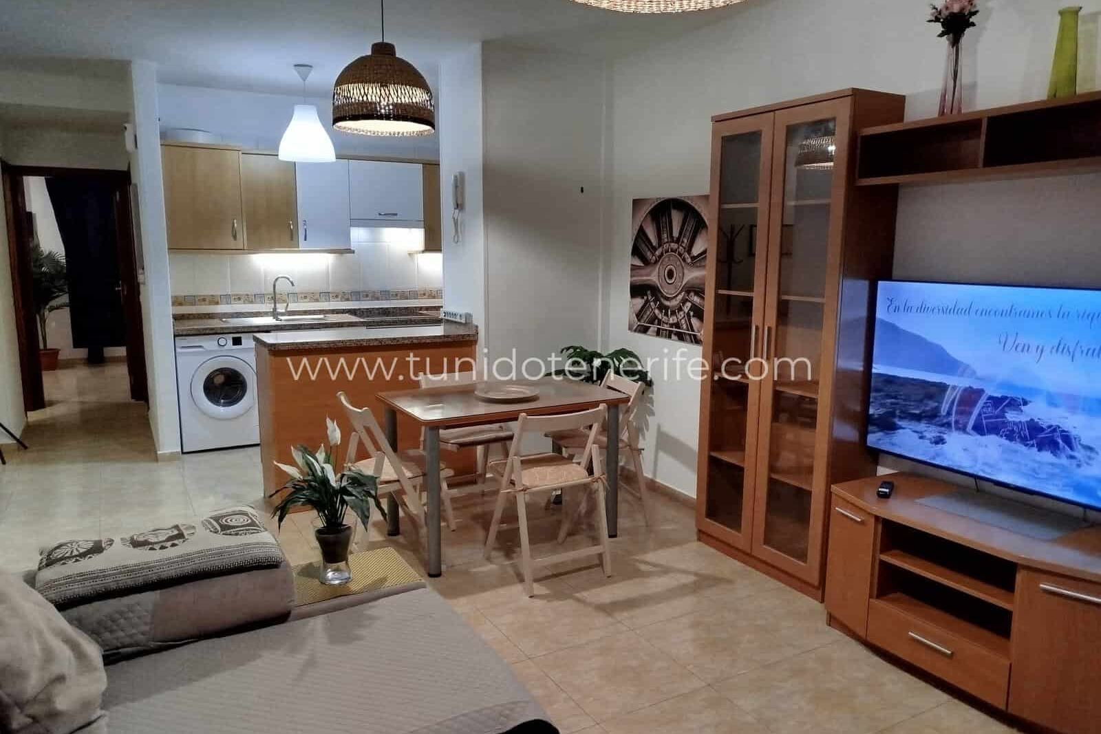 Salón comedor con cocina abierta y mobiliario de madera