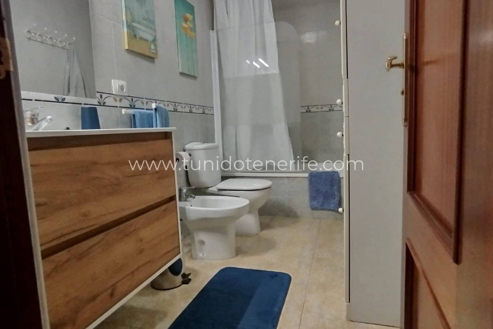 Baño con lavabo, bidé, inodoro, ducha y alfombra azul