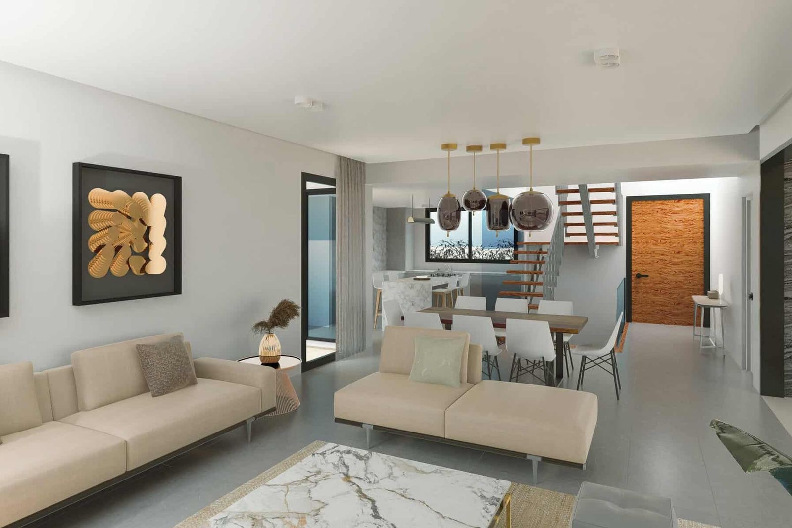 Bright living dining room with sofa, dining table and pendant lights