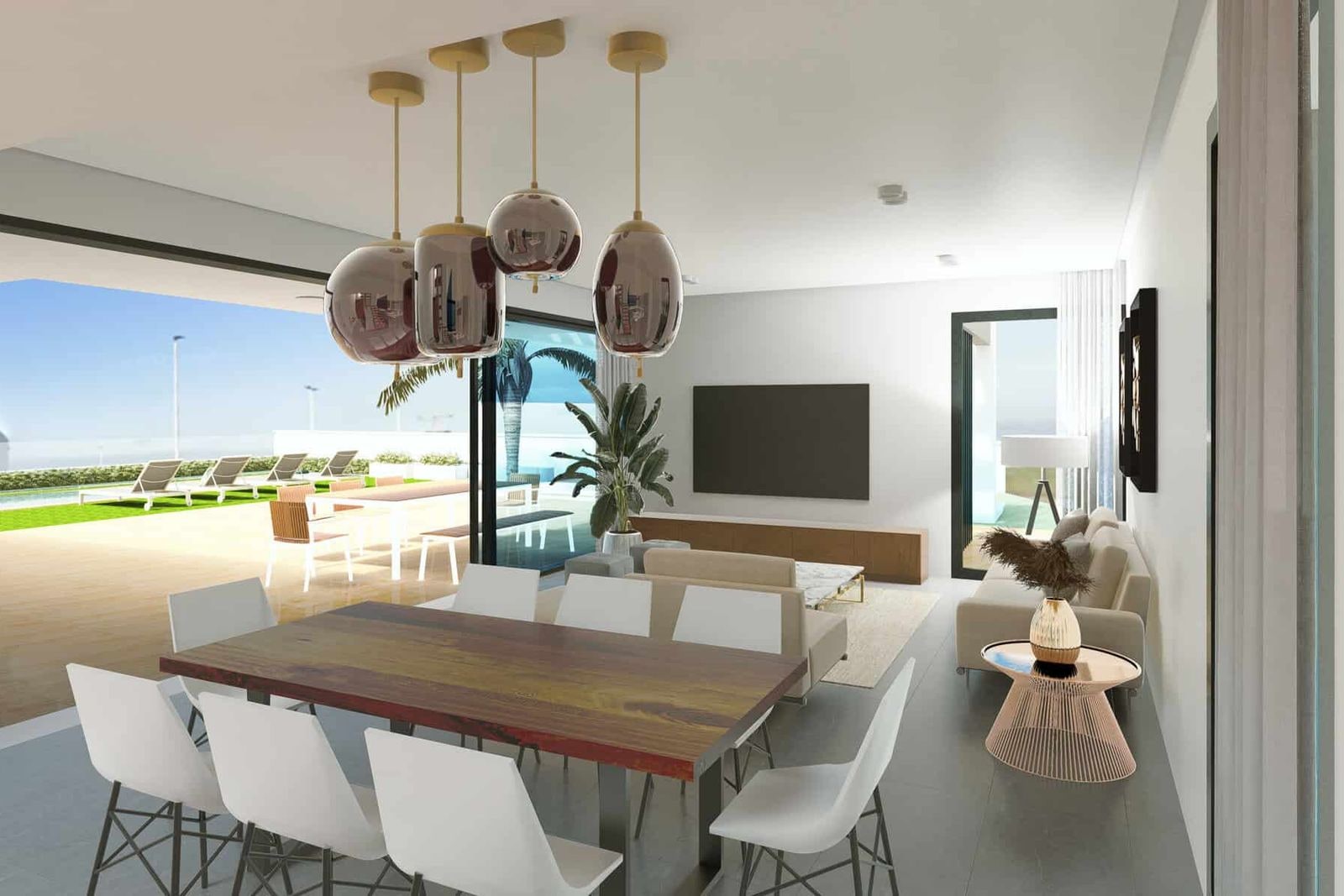 Modern dining room with large table and terrace access