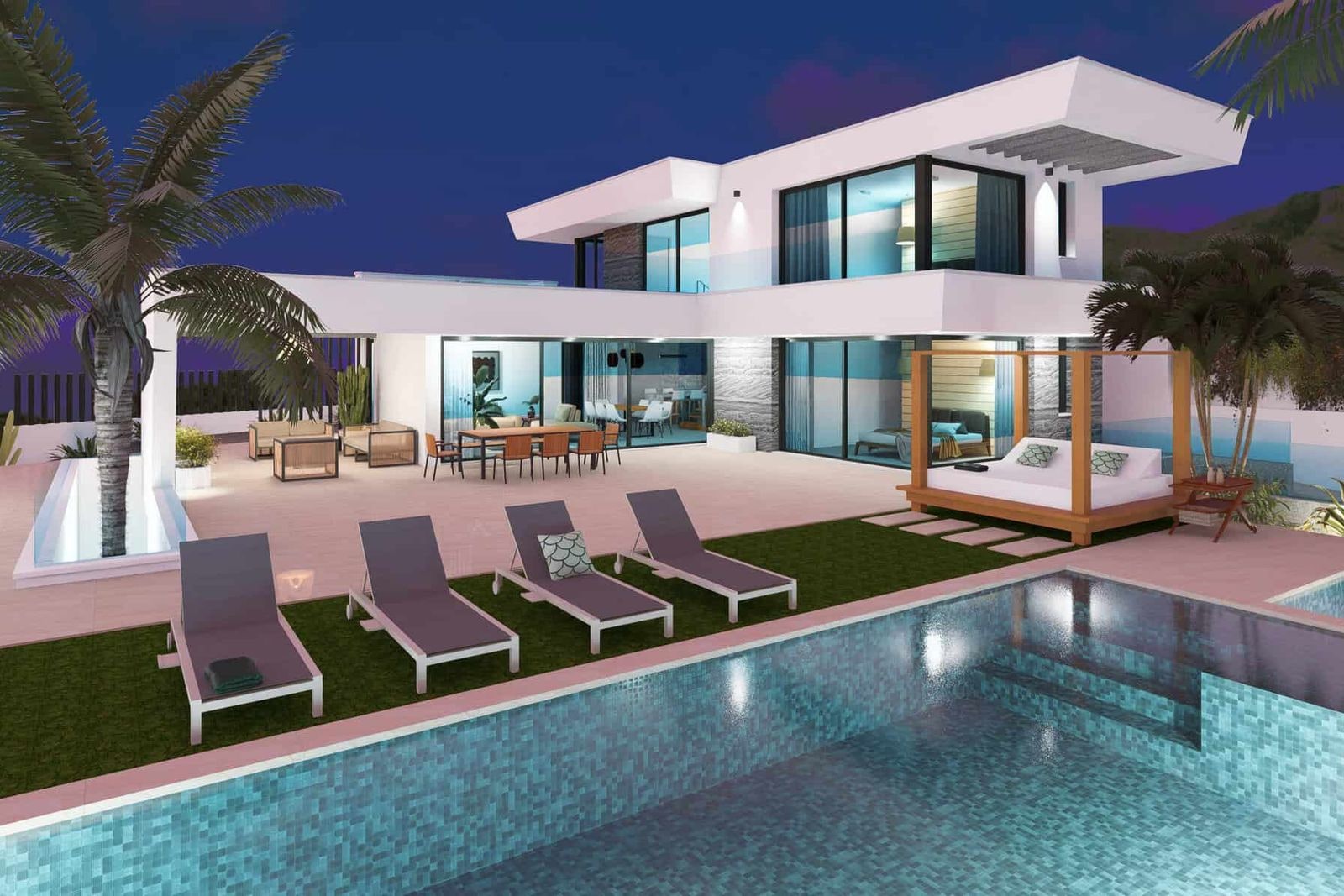 Outdoor pool with loungers and terrace beside a modern house