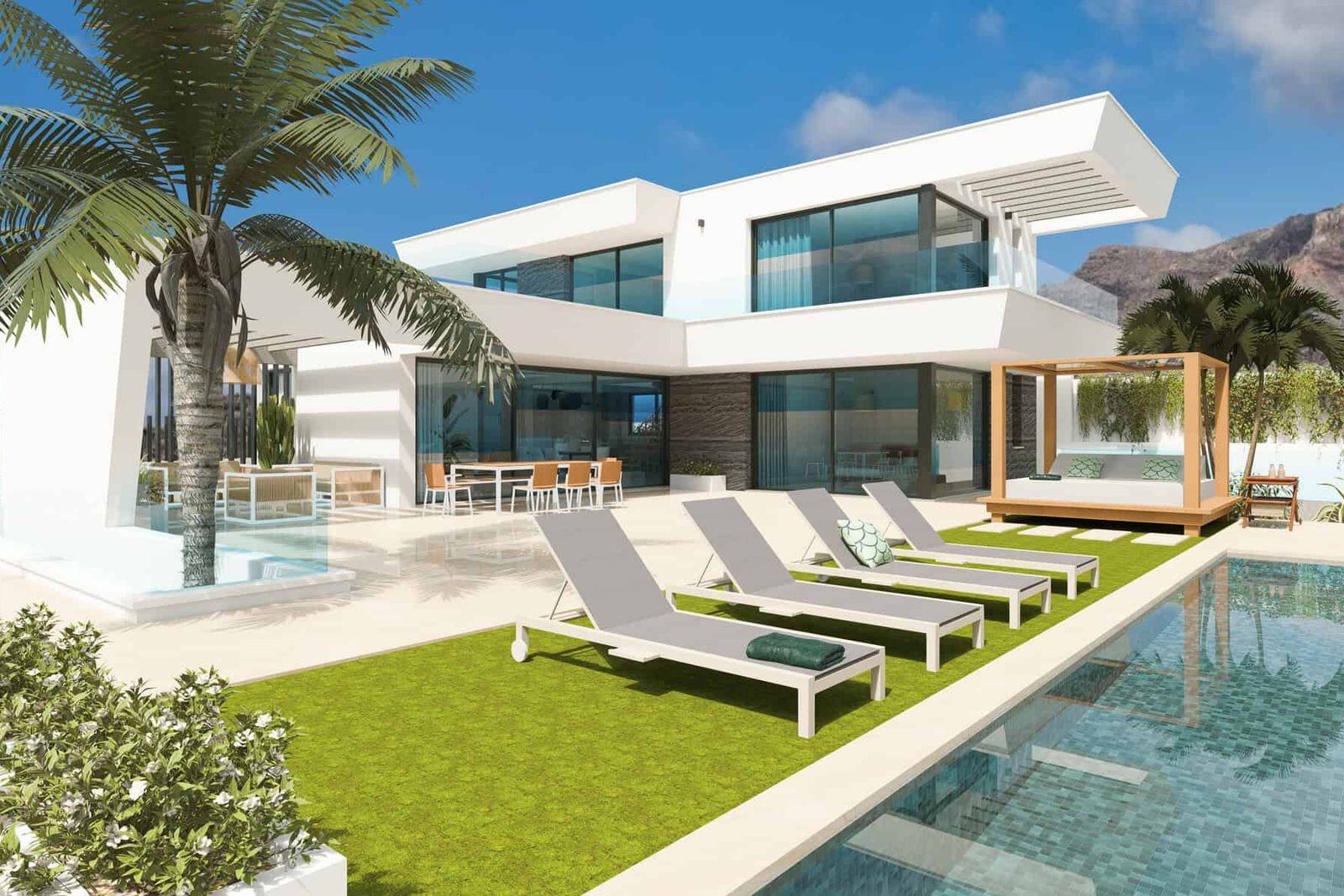 Outdoor pool with loungers and palm tree beside a modern house