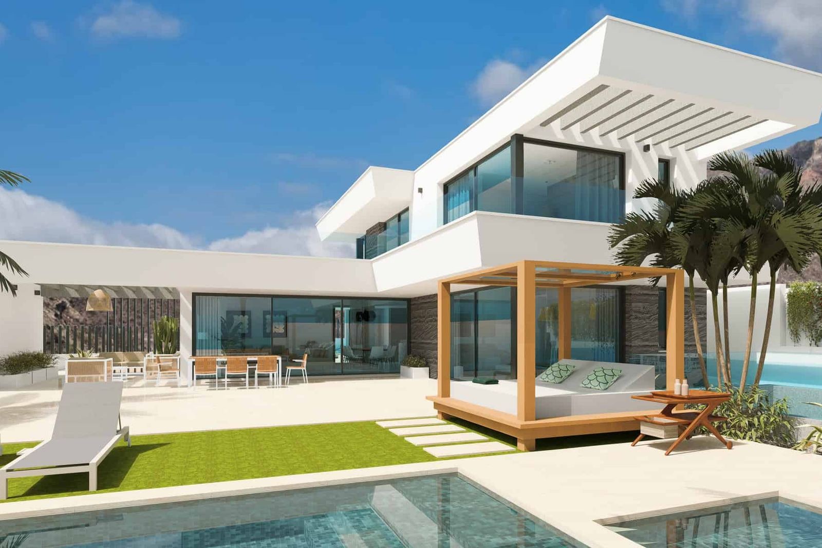Terrace with pool, sun deck and Balinese bed