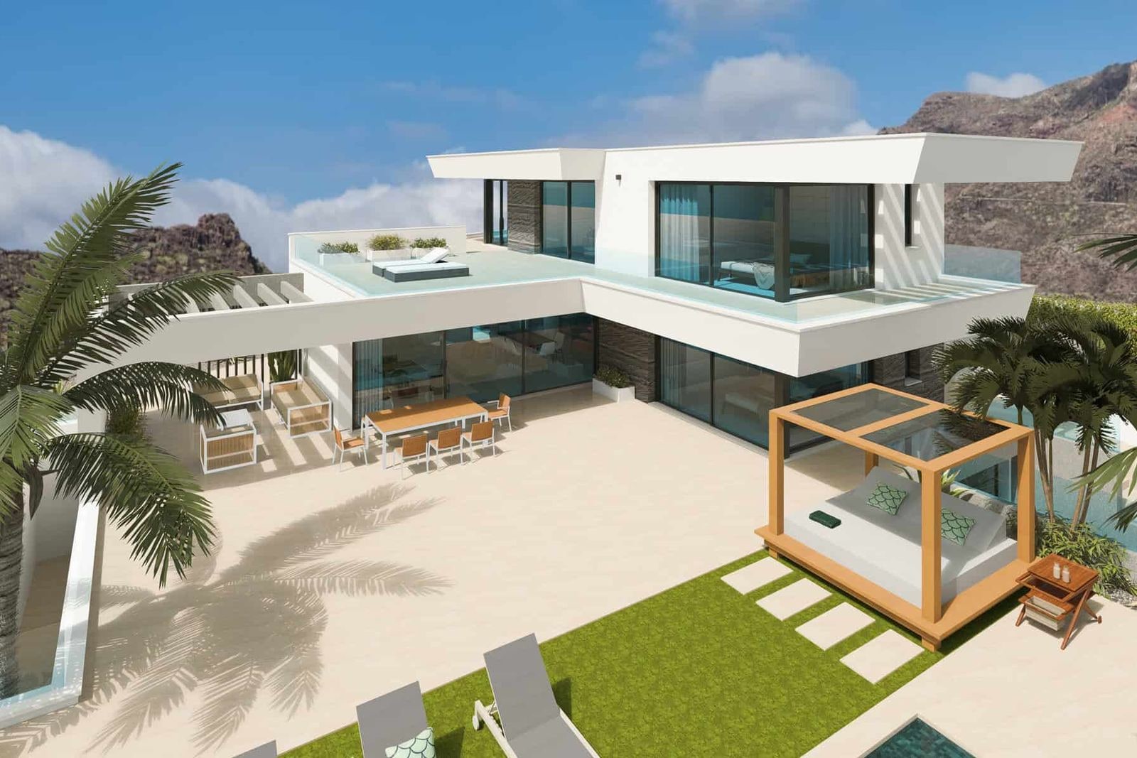 Spacious terrace with pergola, outdoor dining area and garden views