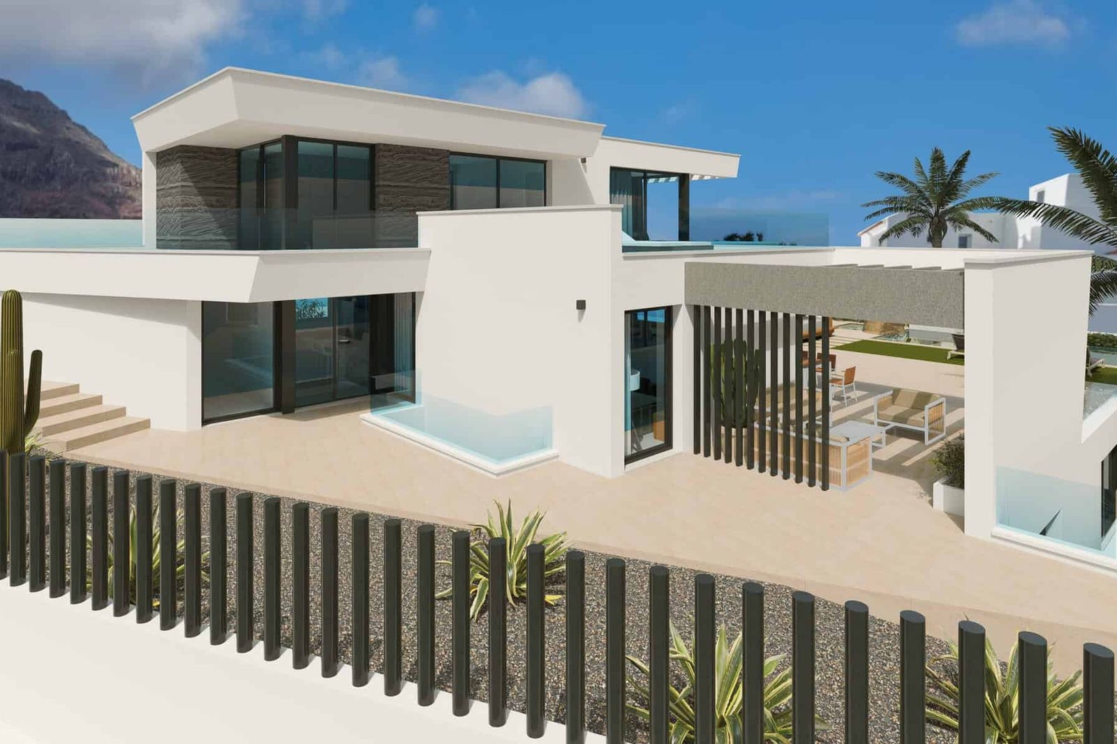 Modern facade with terrace, pool and outdoor garden
