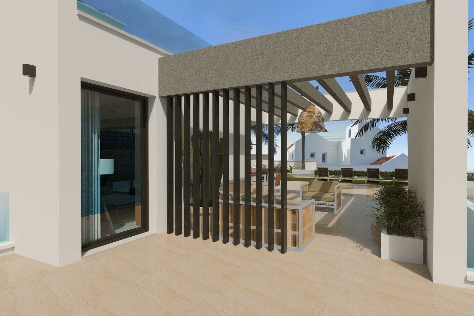 Modern terrace with pergola and outdoor table