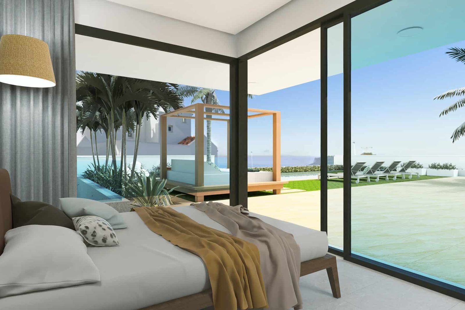 Bedroom with large windows and garden views