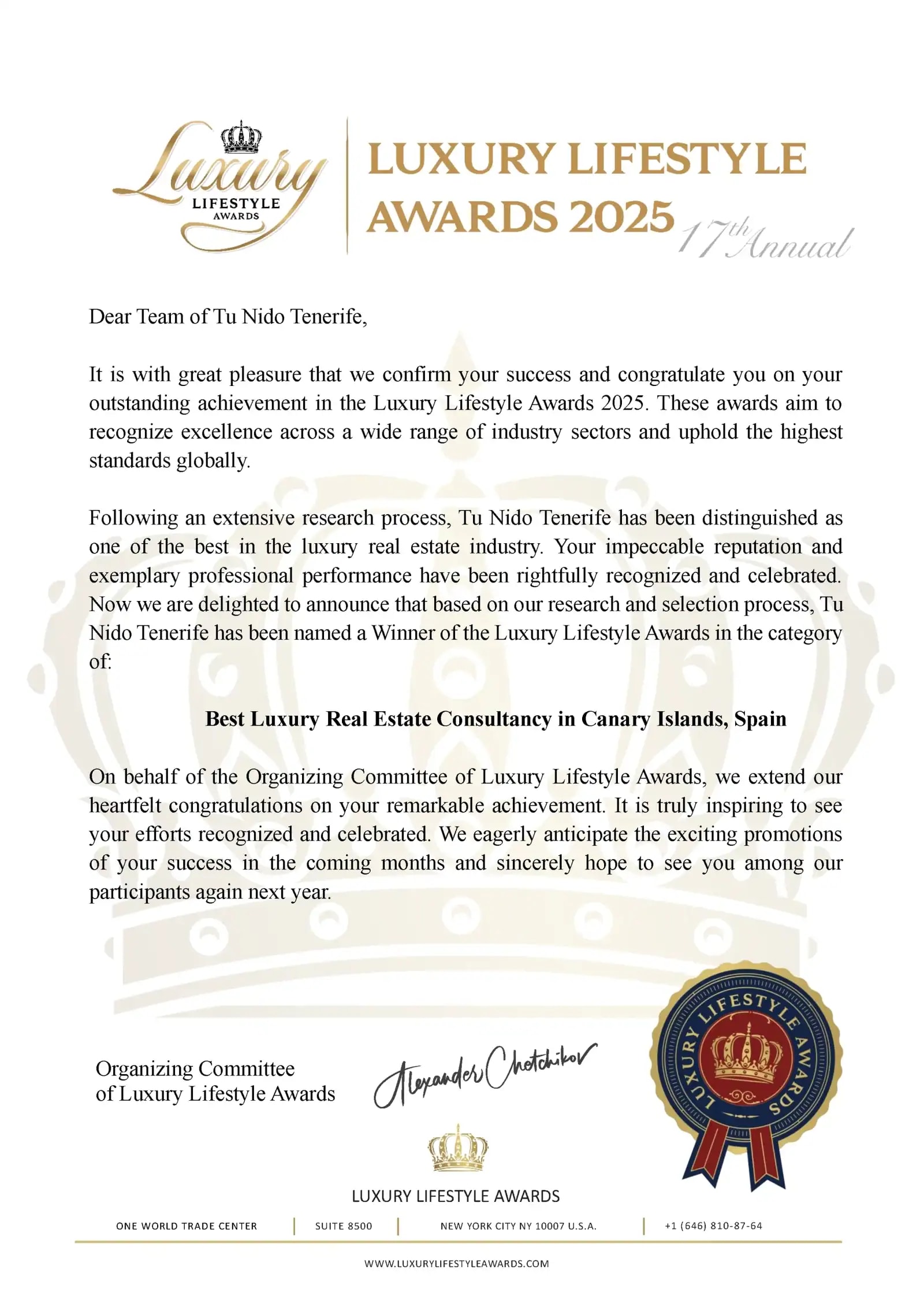 Certificado de los Luxury Lifestyle Awards 2025 — Mejor Consultora Inmobiliaria de Lujo en Canarias